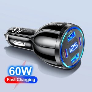 60W USB C Car Charger 4 in 1 Type C PD Fast Quick Charging Adapter with Voltage Digital Display for Mobile Phone Iphone Xiaomi