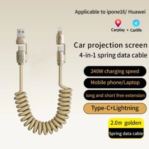 Car Spring Data Cable Type C 4-in-1 240W for IPhone Huawei Samsung IPad Mobile Phone USB Fast Charging Cord Suitable for Carplay