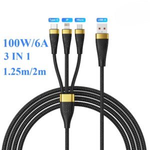 6A 100W USB C Cable 3 in 1 Fast Charging Micro USB Data Cord Phone Charger Quick Charge Cable for IPhone Oneplus Xiaomi Huawei