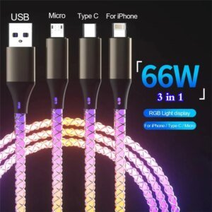 6A 66W USB C Cable 3 in 1 Super Fast Charging Colorful Luminous Data Cable For iPhone Huawei Xiaomi One Drag Three Charging Wire
