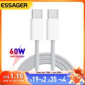 Essager 60W USB C Cable For iPhone 16 15 Plus Pro Max Xiaomi Type C Cable For Macbook Pro iPad PD Fast Charger Cord Type-C Cable