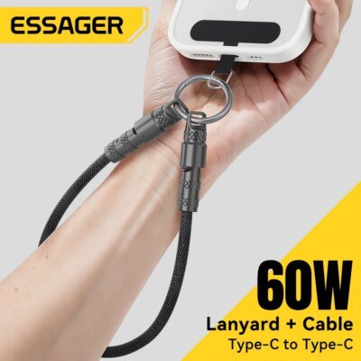 Essager 2 in 1 60W USB-C to Type-C Lanyard Data Cable 3A PD Fast Charging For iPhone 16 15 Samsung Huawei Laptops Anti-lost Rope