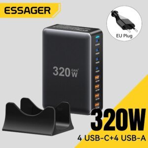 Essager 320W GaN Charger 8Port USB Type C Desktop Charging Station PD 100W Fast Charging For iPhone 16 15 14 iPad MacBook Laptop