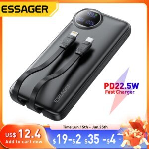 Essager 22.5W Power Bank 20000mAh with Two Built-in Cables Portable Charger For iPhone 15 Pro Max,Charge 4 Devices at Once ﻿