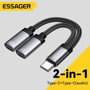 Essager 2 in 1 Type C to 3.5mm AUX Cable Headphone Adapter PD 60W Fast Charging for iPhone 16 15  Samsung Xiaomi 14 13 Tablet PC