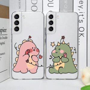 Cute Green Pink Dinosaur Couple Phone Case for Samsung Galaxy S25 S24 S23 S22 S21 Ultra Plus FE clear Soft Covers Paired Fundas