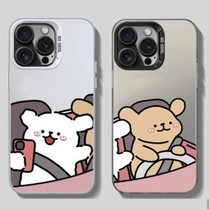 Electroplate Silver IMD Case for IPhone 11 12 13 14 15 16 Pro Max X XS XR SE2 7 8 Plus Cute Drive Dogs Couple Paired Phone Cover