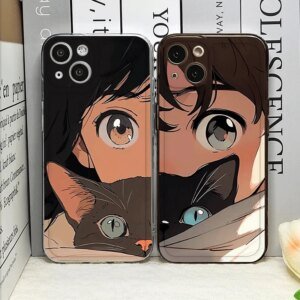 Cute Cartoon Boys Girls Couple Cat Phone Case for IPhone 16 15 14 11 Pro Max 13 12 Mini XR XS X 7 8 16Plus SE2 Lovers Soft Cover