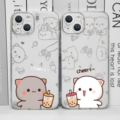 Cute Peach Mochi Cat Couple Phone Case for IPhone 16 15 14 13 12 11 Pro MAX XS X SE2 7 8 Plus Lover Pairs Clear Soft Cover Shell