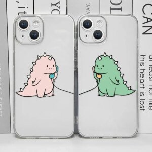 Cute Green Pink Dinosaur Couple Clear Phone Case for IPhone 13 12 11 14 15 16 Pro MAX XS X SE2 7 8 Plus Soft Paired Cover Fundas
