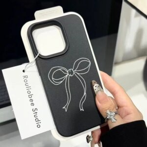 White Lines Bow Phone Case For iPhone 16 15 14 13 12 11 Pro Max Plus Lichee Pattern Funda Coque